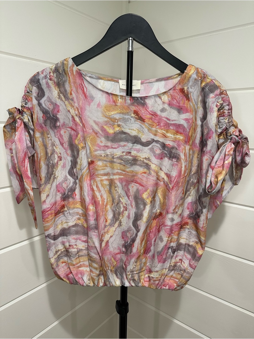Melloday Abstract Marble Print Ruched Tie Sleeve Top S